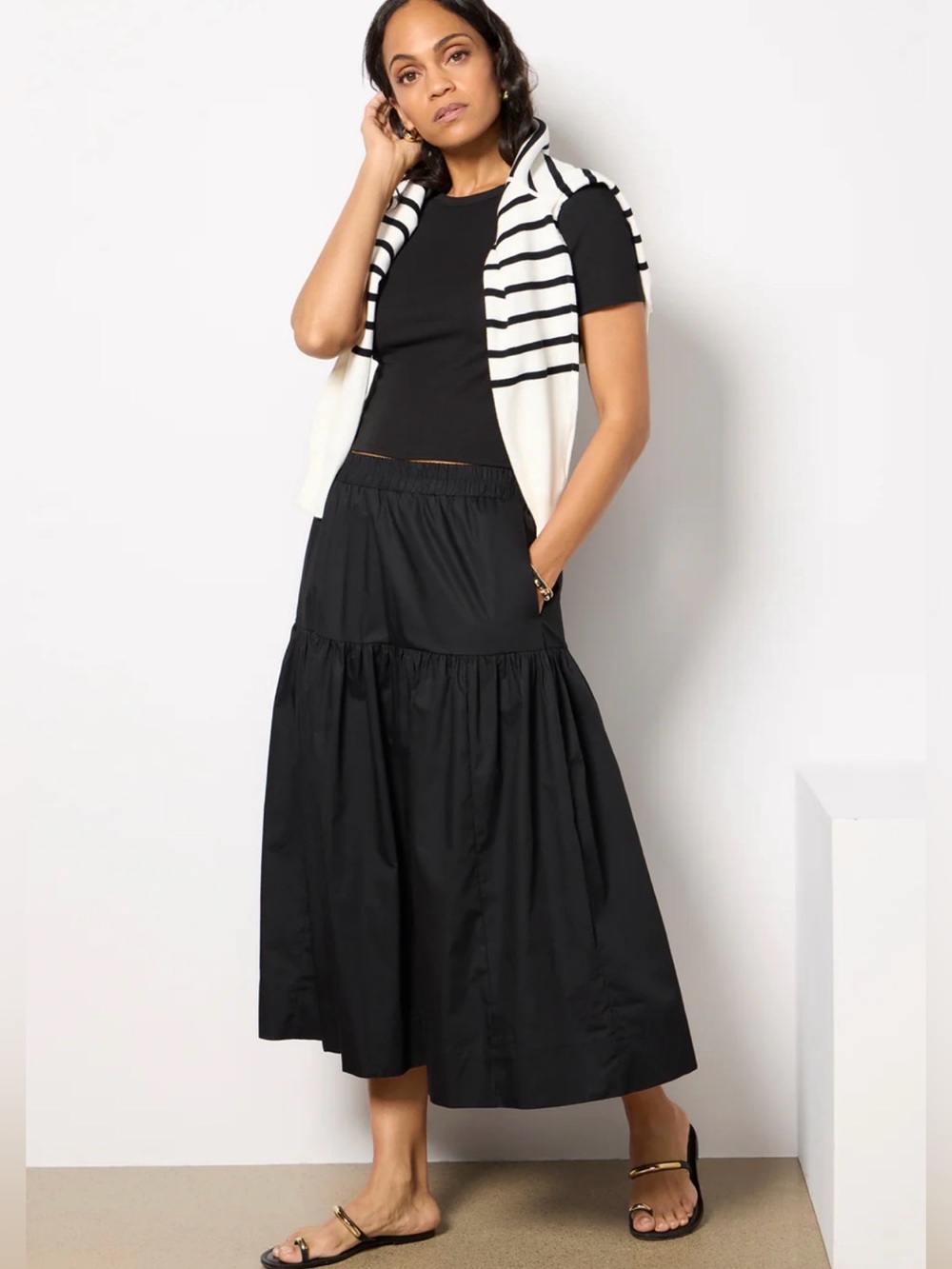 Sanctuary Poplin Prairie Skirt Black Tiered Maxi Skirt - size SM